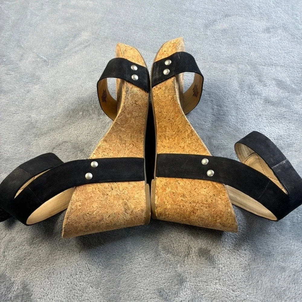 Lucky Brand McDowell Black Leather Cork Wedge Heel Sandals Womens 8M LK-MCDOWELL